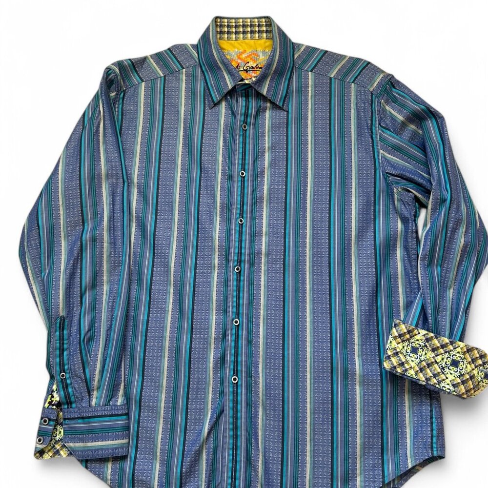 Men's Robert Graham Multi Colored Button Down Casual Dress Shirt Flip Cuff Sz XL